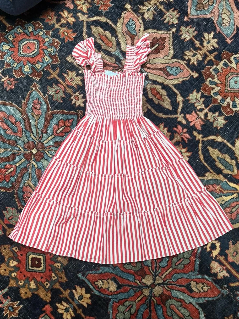 Hill House Home Girls' Red & White Striped Smocked Nap Dress with Ruffle Straps